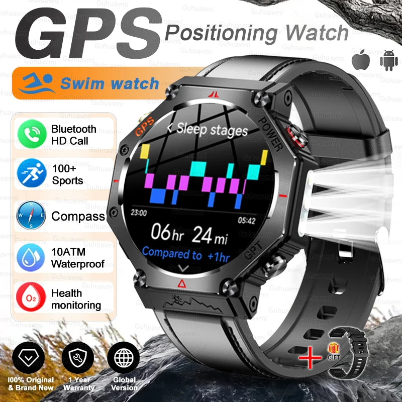 Black Leather Color Rugged GPS Outdoor Smartwatch – 10ATM, AMOLED, Compass