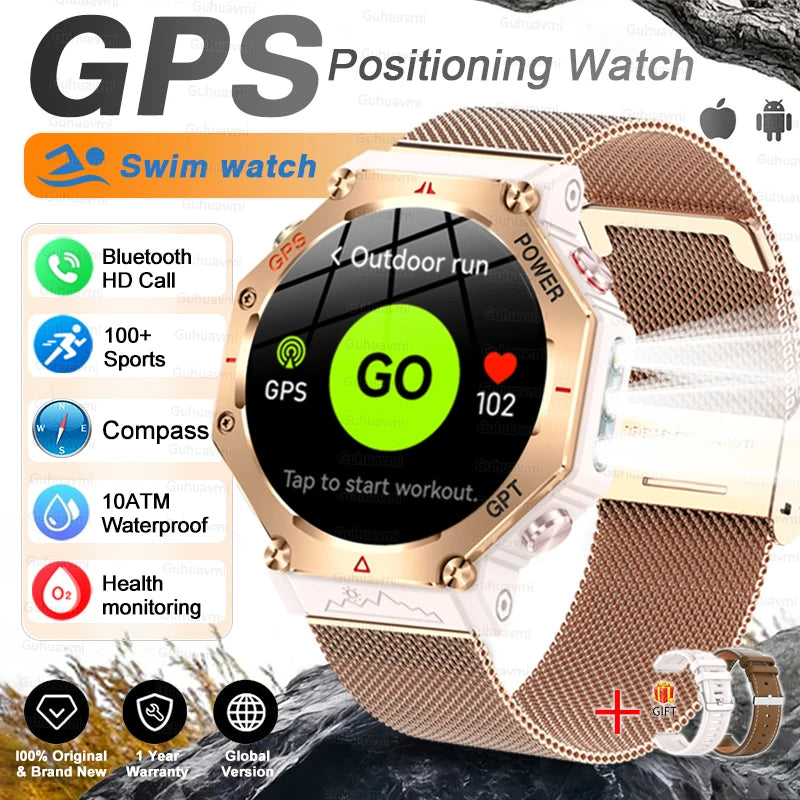 Gold Mesh Belt 2A Color Rugged GPS Outdoor Smartwatch – 10ATM, AMOLED, Compass