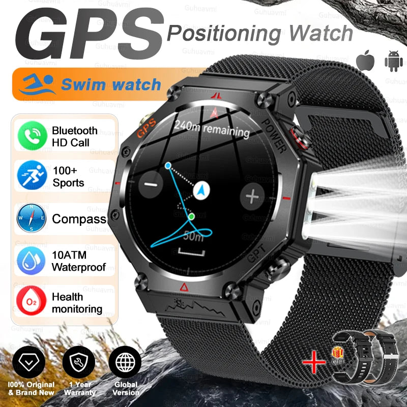 Black Mesh Belt 2A Color Rugged GPS Outdoor Smartwatch – 10ATM, AMOLED, Compass
