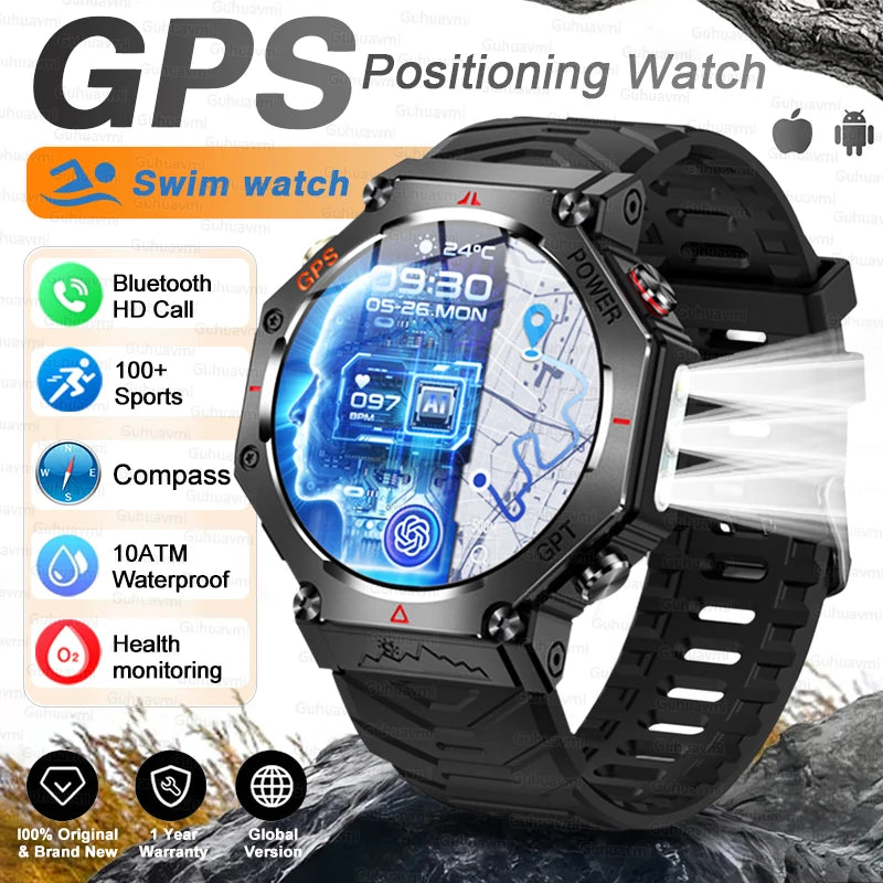 Black Color Rugged GPS Outdoor Smartwatch – 10ATM, AMOLED, Compass