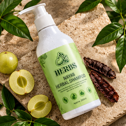 Herbal shampoo bottle featuring amla reetha shikakai and aloe vera