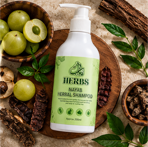 Nayab Herbs herbal shampoo 200ml pump bottle packaging side angle