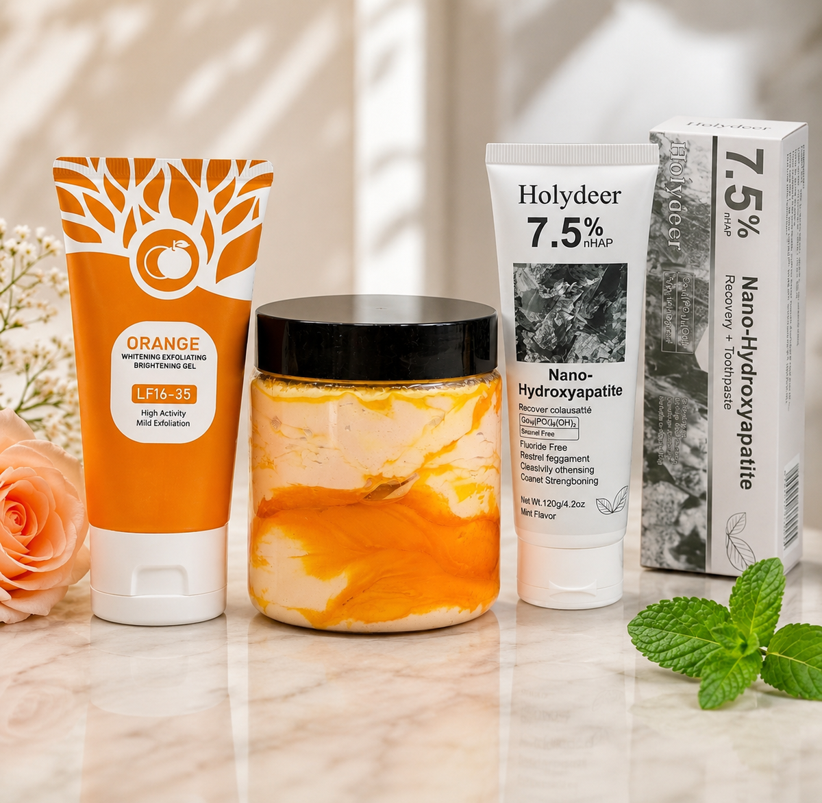 Premium skincare combo set featuring Zafrani cream tub, orange gel, and toothpaste