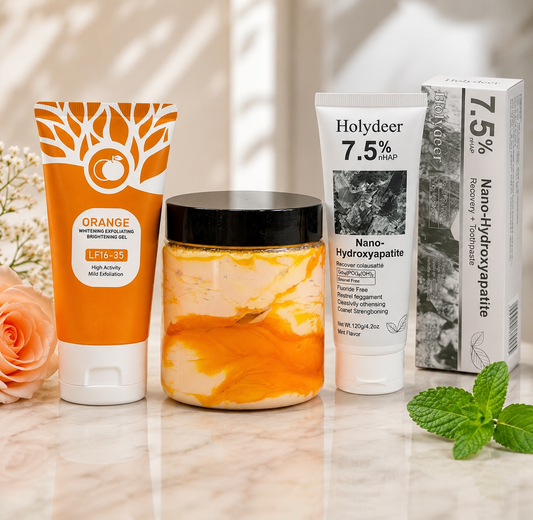 Premium skincare combo set featuring Zafrani cream tub, orange gel, and toothpaste